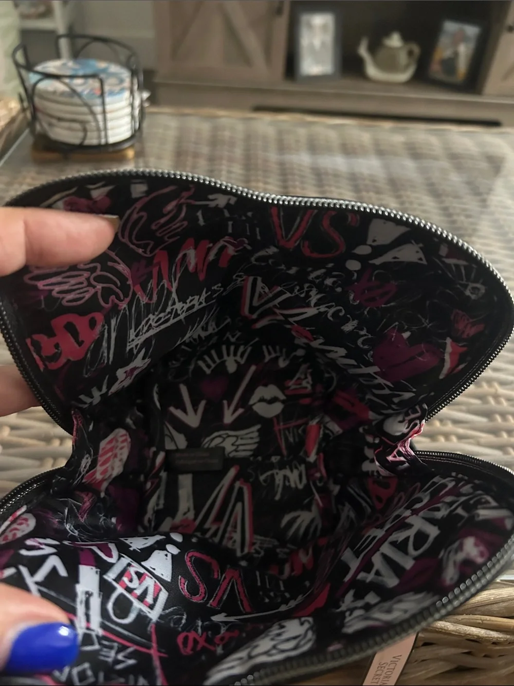 Victoria's Secret Black Heart Cosmetic Pouch with White Graffiti Logo
